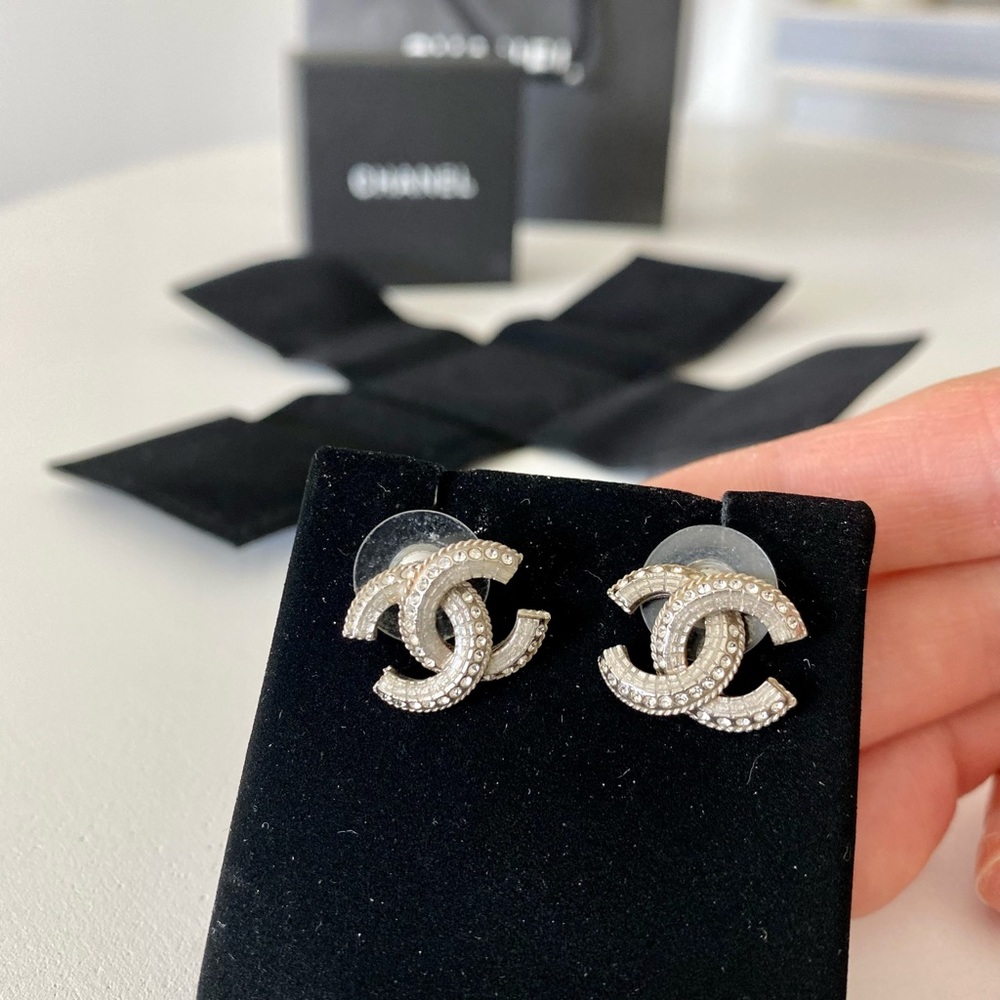 Chanel Earrings Silver Stud Logo 100% Authentic